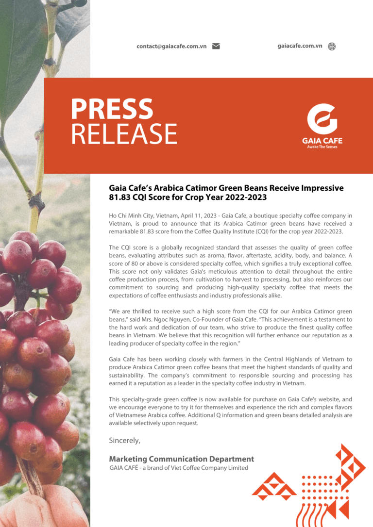 Cà Phê Nhân Xanh Arabica Catimor Honey của Gaia Đạt Điểm CQI 81.83
